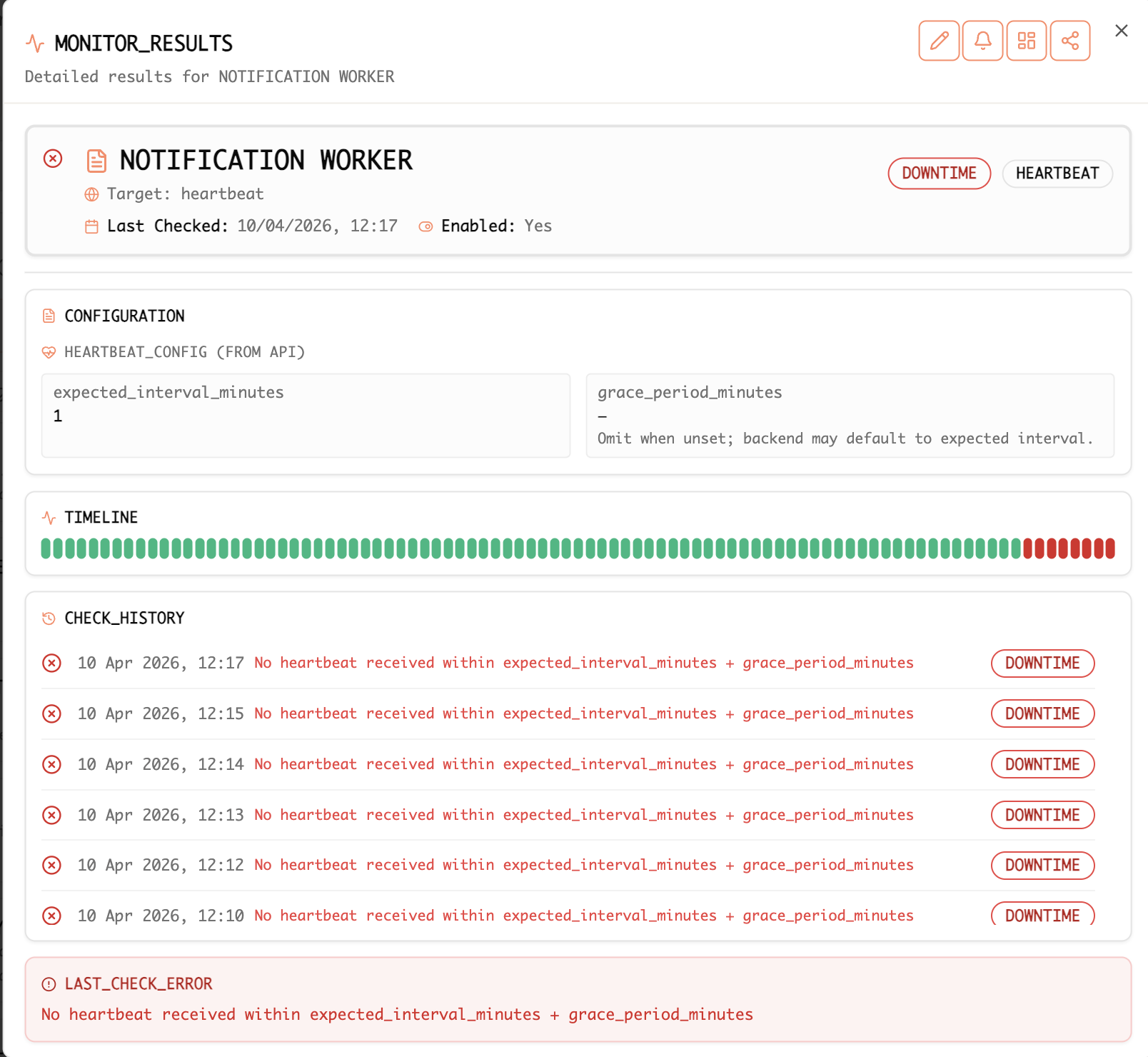 Heartbeat monitor results showing configuration, timeline, and check history with downtime